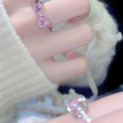 Princess's Castle Pink Bow Female Diamond Zircon French Girl Micro-inlaid Ring