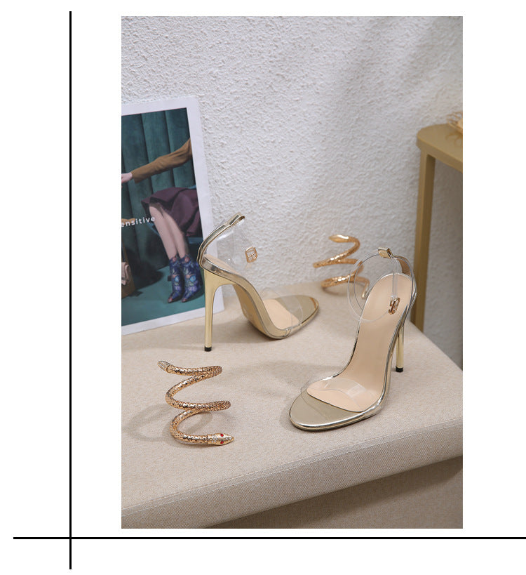 Rhinestone High-heeled Sandals Snakelike Winding Round Toe Transparent Large Size High Heels Women