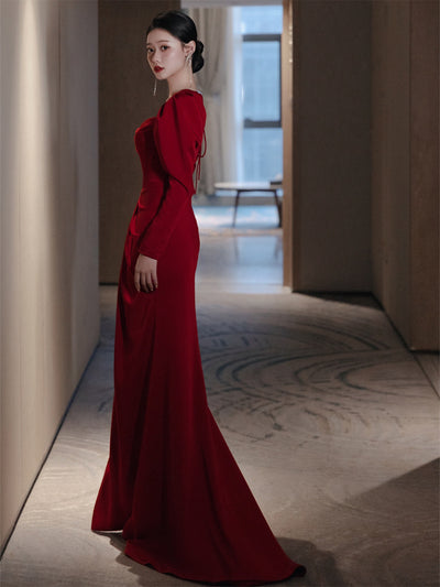 Bride Fishtail Square Collar Long Sleeve Design Simple Satin Evening Dress
