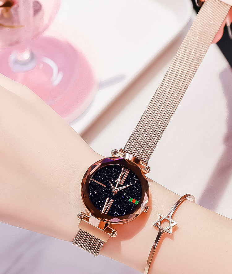 Luxury Women Watches Mesh Ladies Clock Magnet Buckle Starry Diamond Geometric Surface Quartz Wristwatch