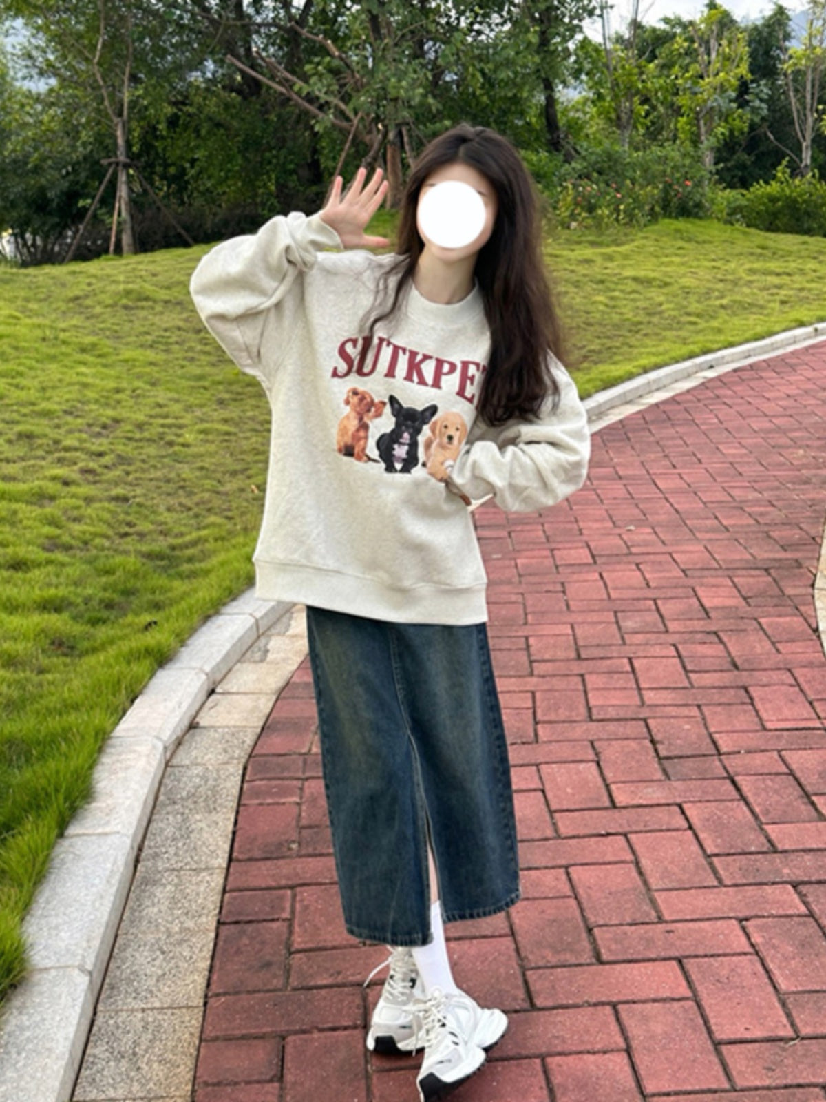 American Retro Cartoon Puppy Gray Sweater Female Spring And Autumn Idle Style Niche Round Neck Long Sleeve Top