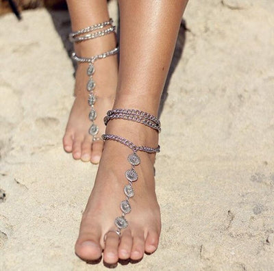 European and American fashion personality retro carved three layer even exaggerated fringed Anklets toe foot ornaments