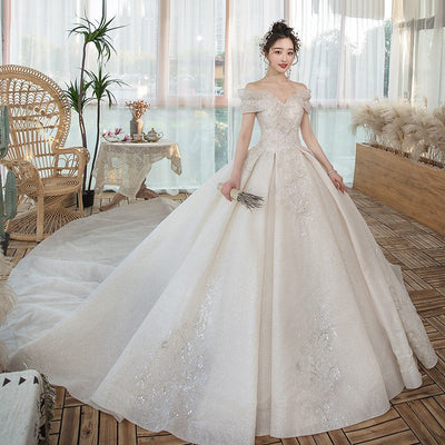 One-Shoulder Main Wedding Dress New Temperament Forest Super Fairy Dream Little Bride Han Trailing Starry Sky