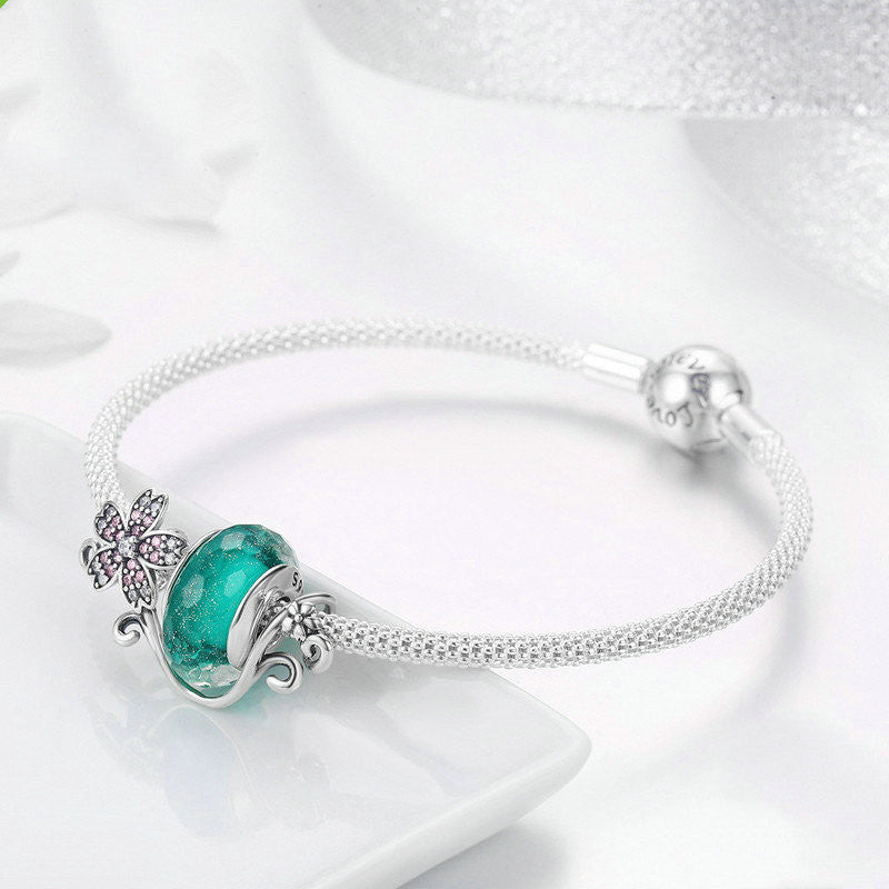 Sterling Silver Daisy Flower Green Glass Beads Strand Charms Bracelets