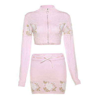 Sweet Turn-down Collar Zipper Embroidery Bare Midriff High Waist Lace-up Skirt Suit Women
