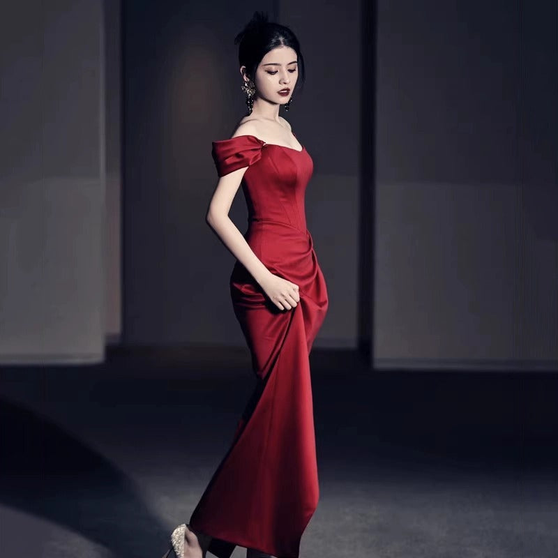 Fashion Bride Wine Red Engagement Wedding Back-to-door Casual Dress Small