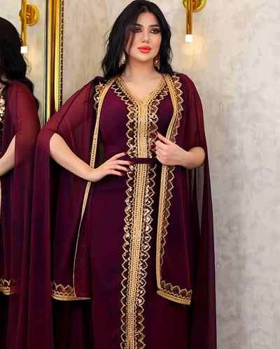 Middle East Muslim Women's Wear Sequined Gown Suit Dress Cape Robe