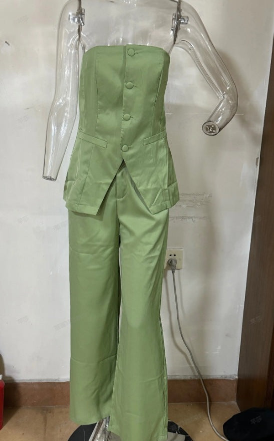 Casual Fashion Tailored Suit Button Graceful Tube Top Suit Pants
