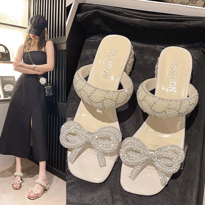Gentle Bowknot Chunky Heel Sandals For Women Summer New One Strap Transparent