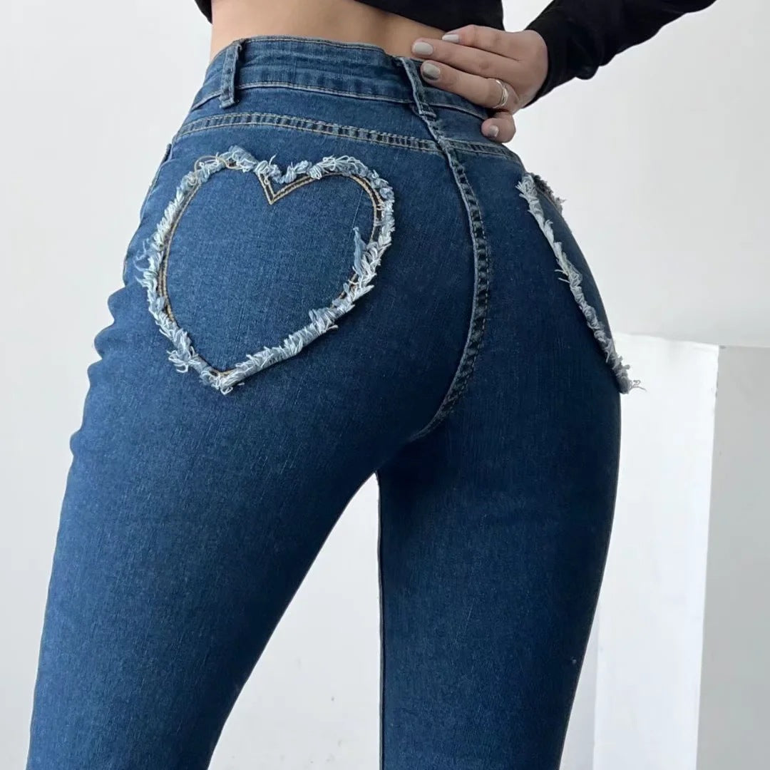 Women's Fashion High Waist Tight Elastic Slimming Love Micro Flared Jeans