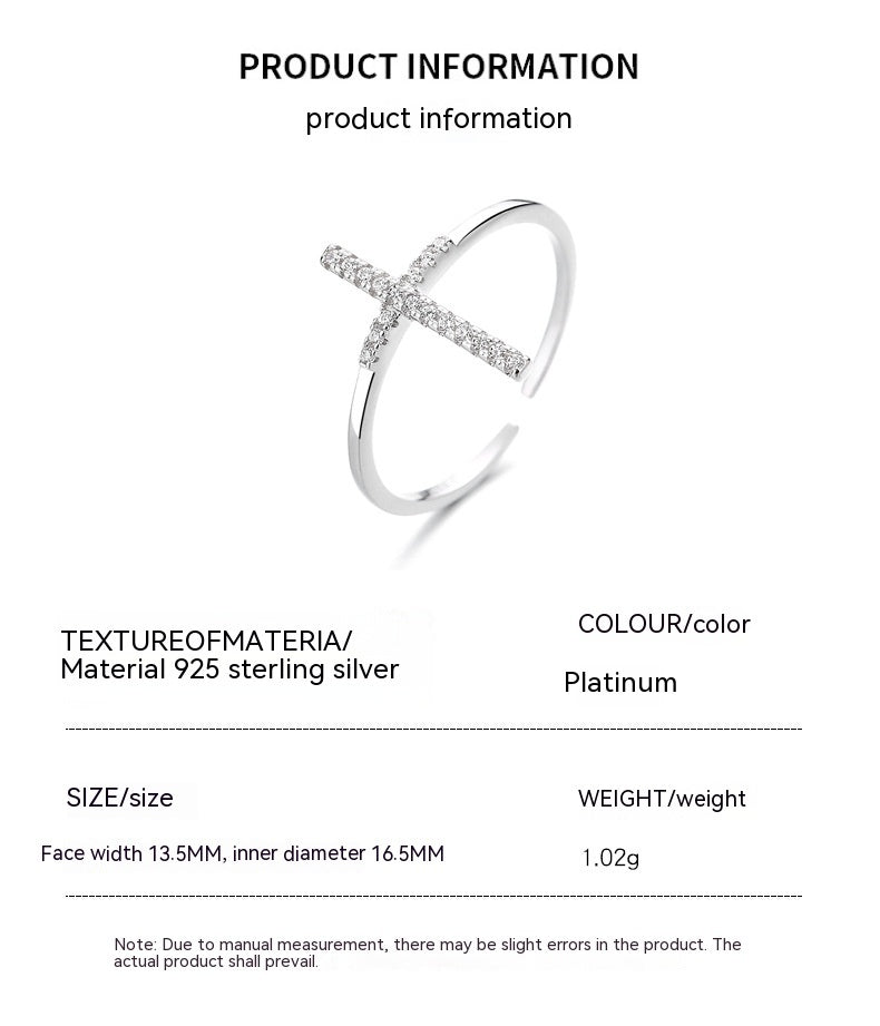 European And American Simple INS Style Cross Open Ring Female 925 Sterling Silver Niche Design