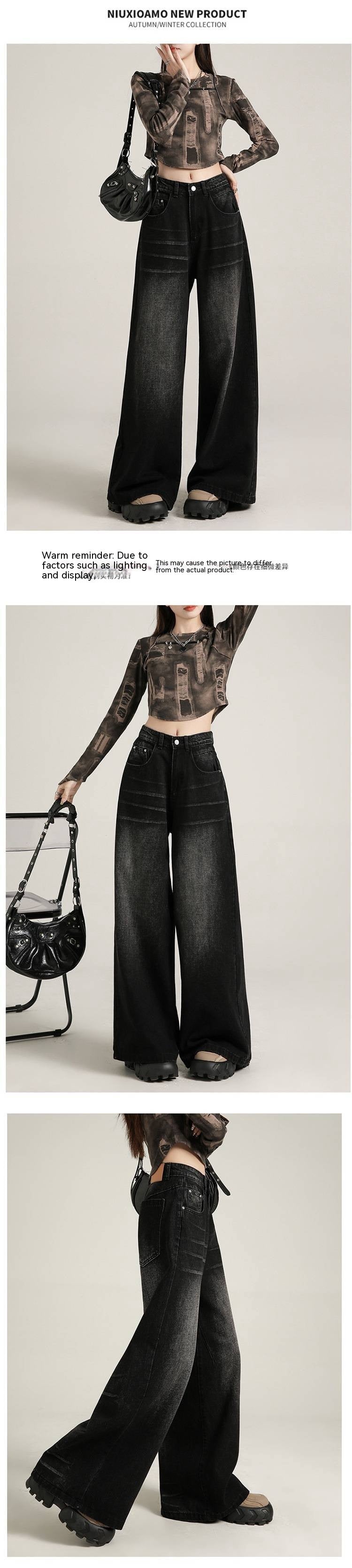 Retro Washed Craft Black Gray Wide Leg Jeans