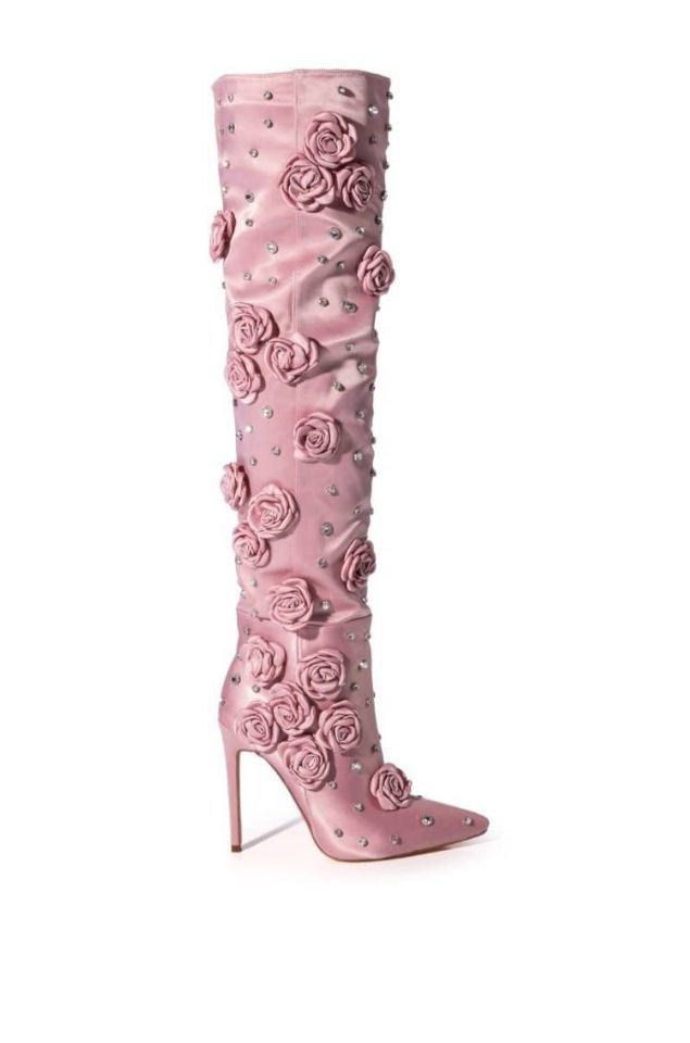 Silk Cloth Rivet Rose Over-the-knee Boots