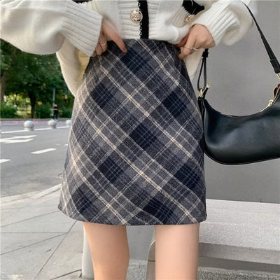 Women's Woolen Plaid High Waist Hip Skirt