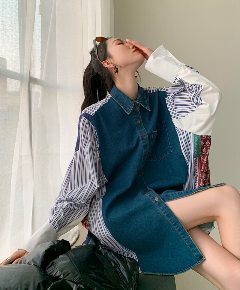 Women's Denim Patchwork Pattern Shirt Dress Loose Korean Style