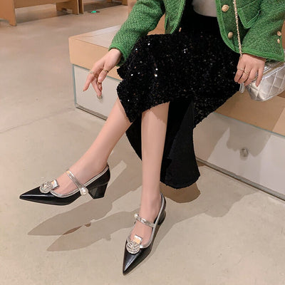 Full Leather Buckle High Heel Shoes Pointed Toe Shallow Mouth Luxury Rhinestone Chunky Heel Pumps Women