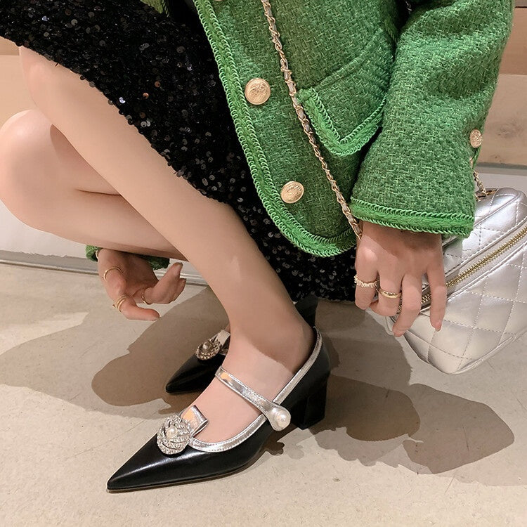 Full Leather Buckle High Heel Shoes Pointed Toe Shallow Mouth Luxury Rhinestone Chunky Heel Pumps Women