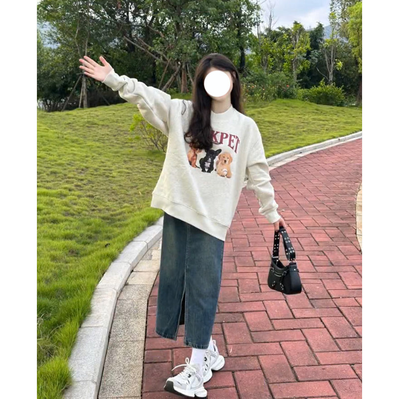 American Retro Cartoon Puppy Gray Sweater Female Spring And Autumn Idle Style Niche Round Neck Long Sleeve Top