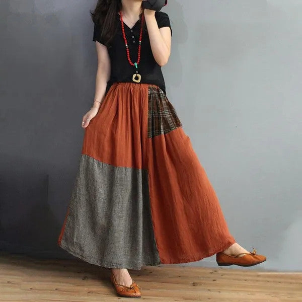 Retro Artistic Style Loose Elastic Waist Color Matching Cotton And Linen Skirt Slimming A- Line Skirt