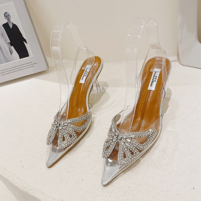 Pointed Toe Toe Cap Transparent Rhinestone Bow Crystal Women's Shoes