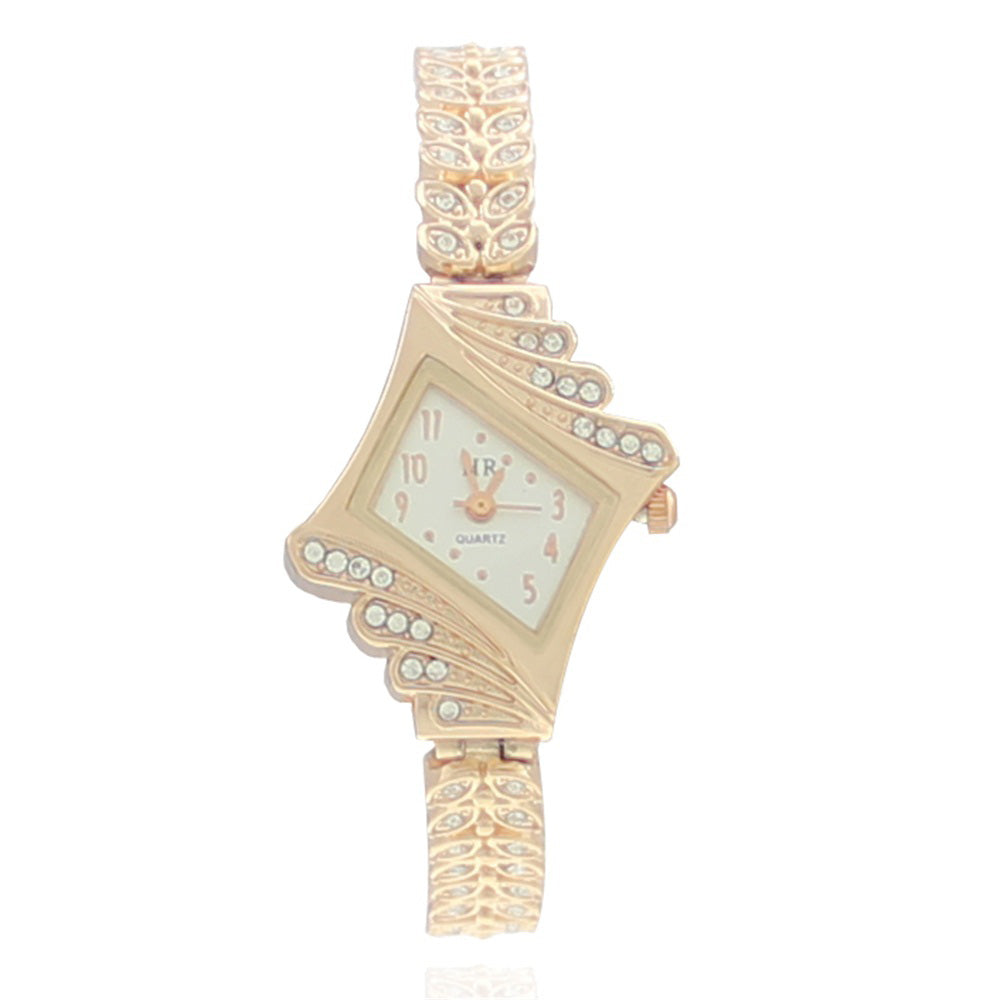 Stone Paved Wheat Shaped Metal Wristwatch for Women Rose Golden Color