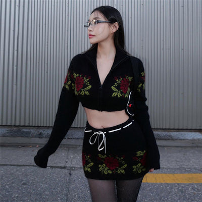 Sweet Turn-down Collar Zipper Embroidery Bare Midriff High Waist Lace-up Skirt Suit Women