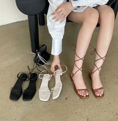 Roman Chunky Heel Sandals Summer New Korean Style Square Toe Hollow Out Strap Women's Mid-heel Shoes