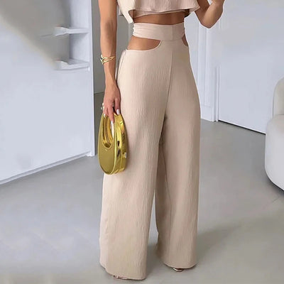 Cross-border Solid Color Sling Top Casual Hollow-out Trousers Suit