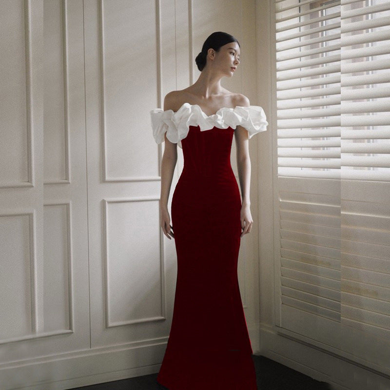 French Satin Evening Dress New Bridal Off-shoulder Elegant Fishtail Welcome Dress