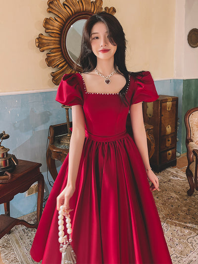 Winter Wine Red Engagement Daily French Princess On The Run Satin Dress
