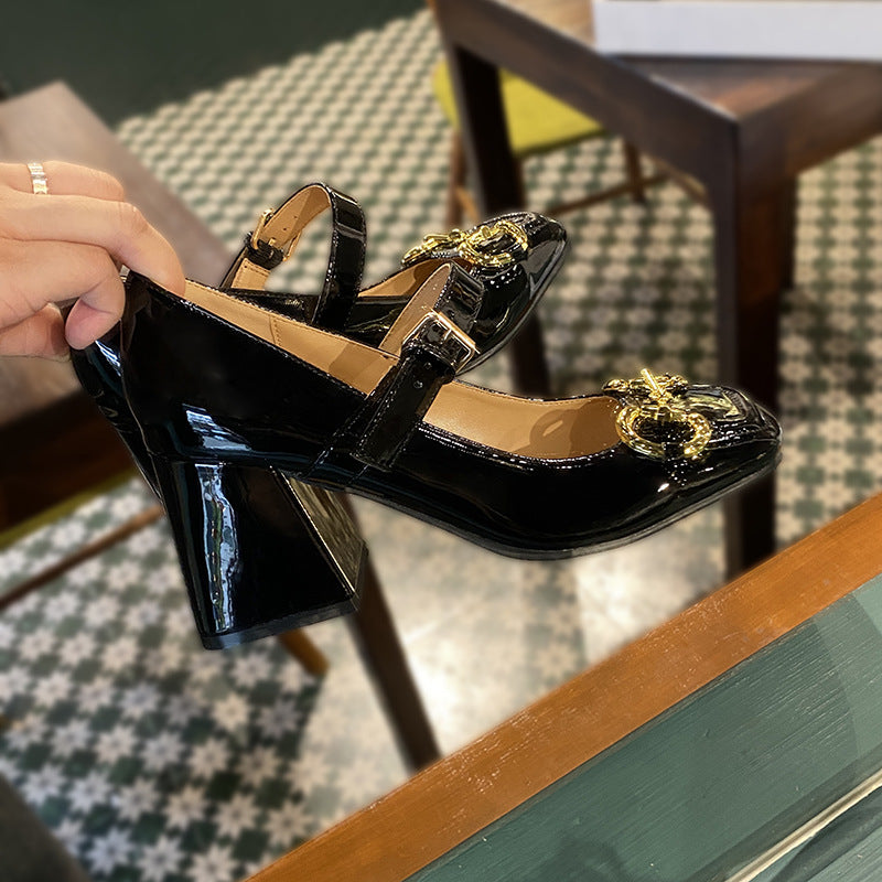 Women's High-heeled Mary Jane Shoes Horsebit Buckle Chunky Heel Square Toe Toe Cap