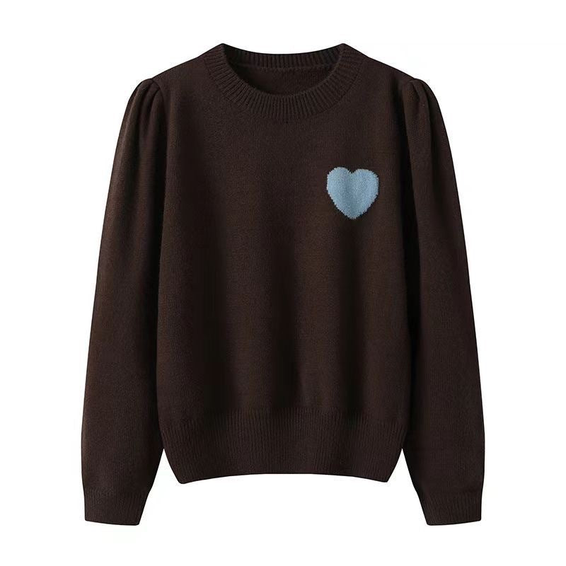 Korean Style Heart Embroidered Round Neck Sweater