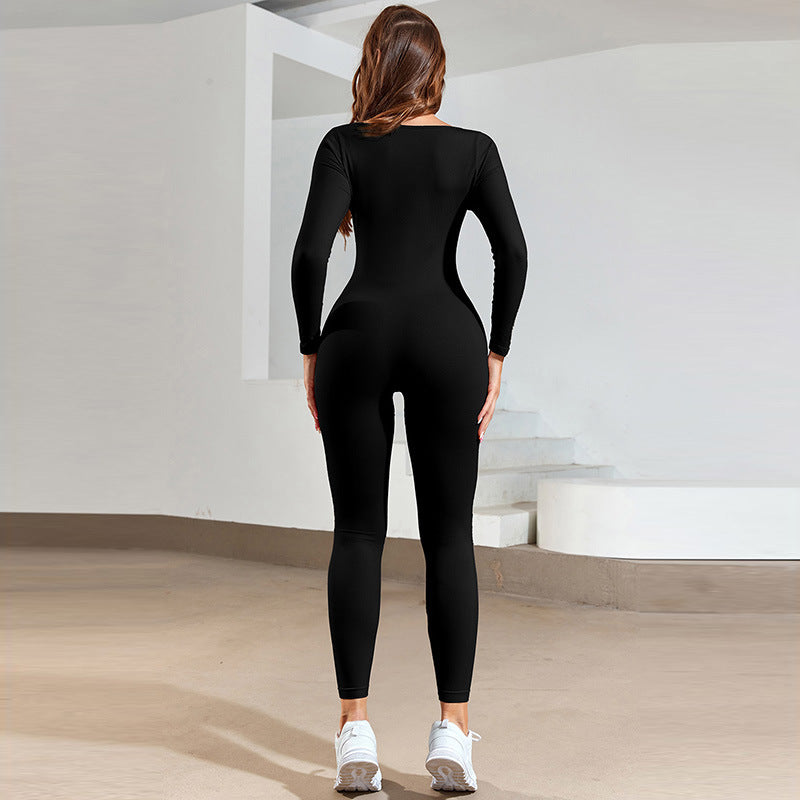 Pure Color Tight Yoga Bodysuit Women's Long-sleeved Sports Cropped Trousers Women