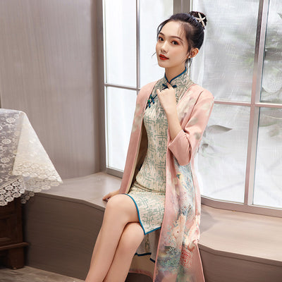 Women's Medium Length Cheongsam With Suede And Aodai Dress
