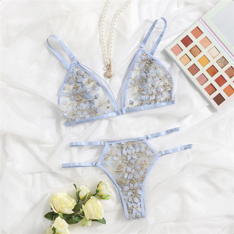 Sexy Three-point Three-dimensional Embroidered Flower Bra Panty Set
