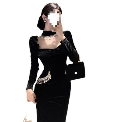Puffy Sleeves Square Collar Pearl Bib Velvet Black Dress Dress