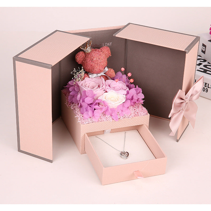 Preserved Flower Rose Bear Necklace Gift Box