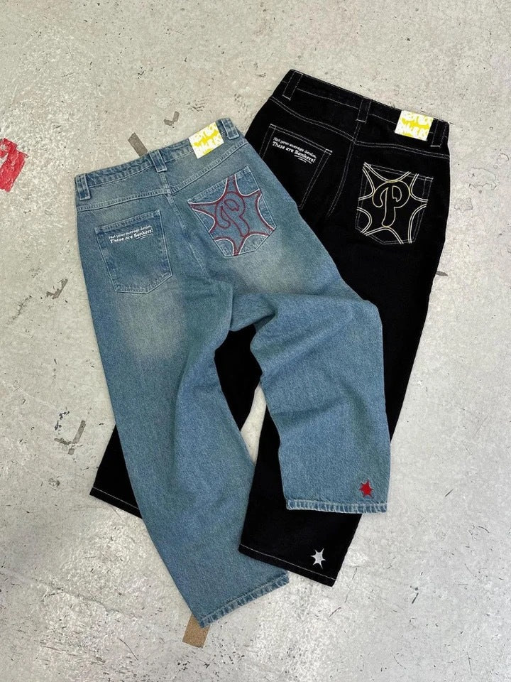 American Street Baggy Casual  Men's Retro Hip Hop Printing Stylish Fashion High Waist Jeans