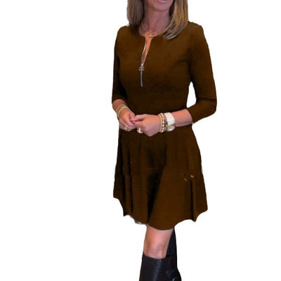 Women's Solid Color Slim Round Neck Long-sleeve Zipper Dress