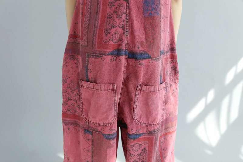 Printed Distressed Cropped Stitching Denim Suspender Pants