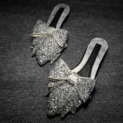 Fashion Women's Rhinestone Pointed Bow Half Slippers