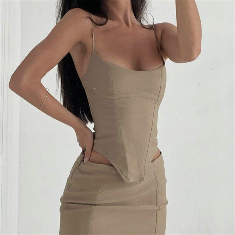 Summer New Solid Color Camisole High Waist Sheath Skirt