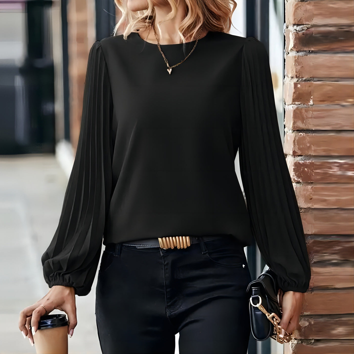 Women's Long-sleeved Shirt Round Neck Retro Solid Color