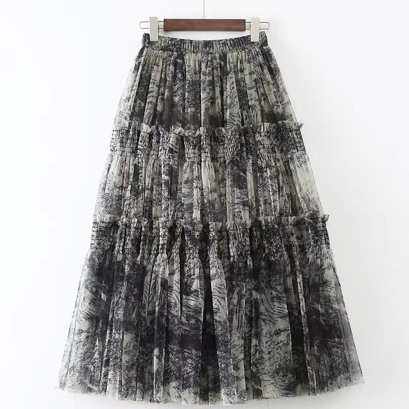 Ink Printing Skirt Elastic Waist Stitching Yarn