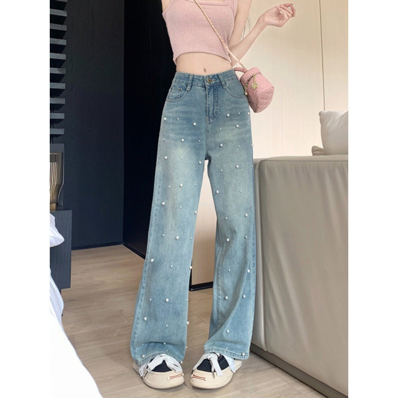 Pearl Straight Jeans High Waist Slim-fit Wide-leg Pants Women