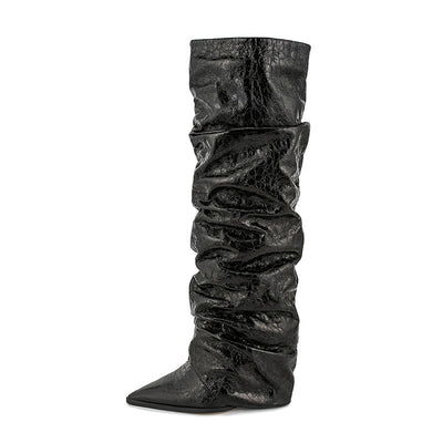 Women's Pointed Stitching Sleeve Flanging Pleated High Leg Boot