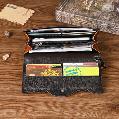 Chinese Style Embossed Wallet Women's First Layer Long Cowhide Fashion Wallet Large Capacity Tri-fold Bag Retro Wallet