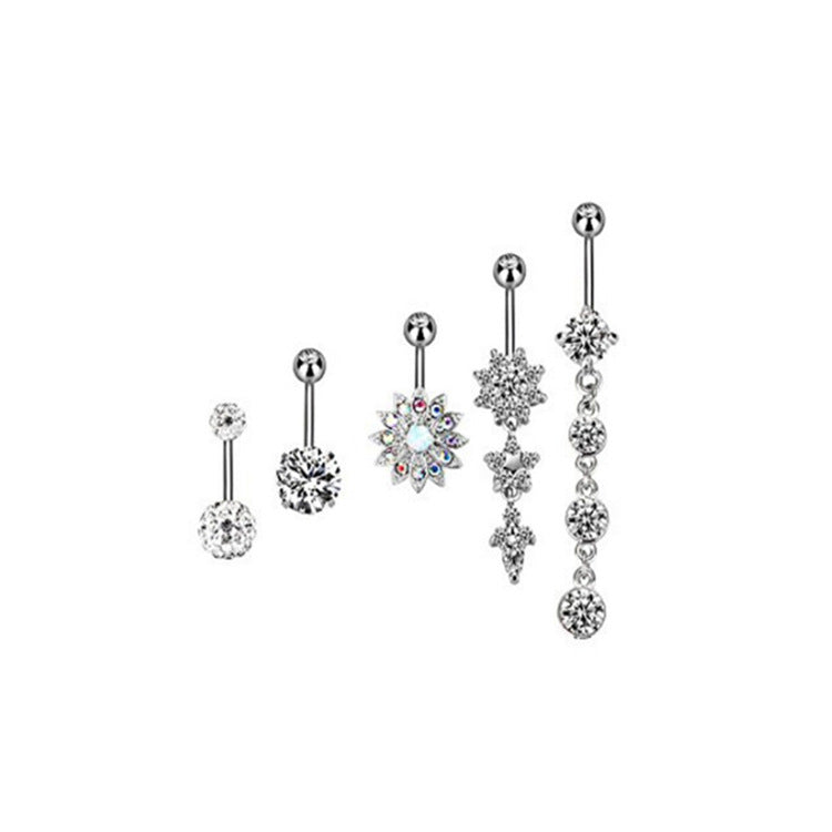 5-piece Set Of Stainless Steel Zircon Diamond-studded Belly Button Ring