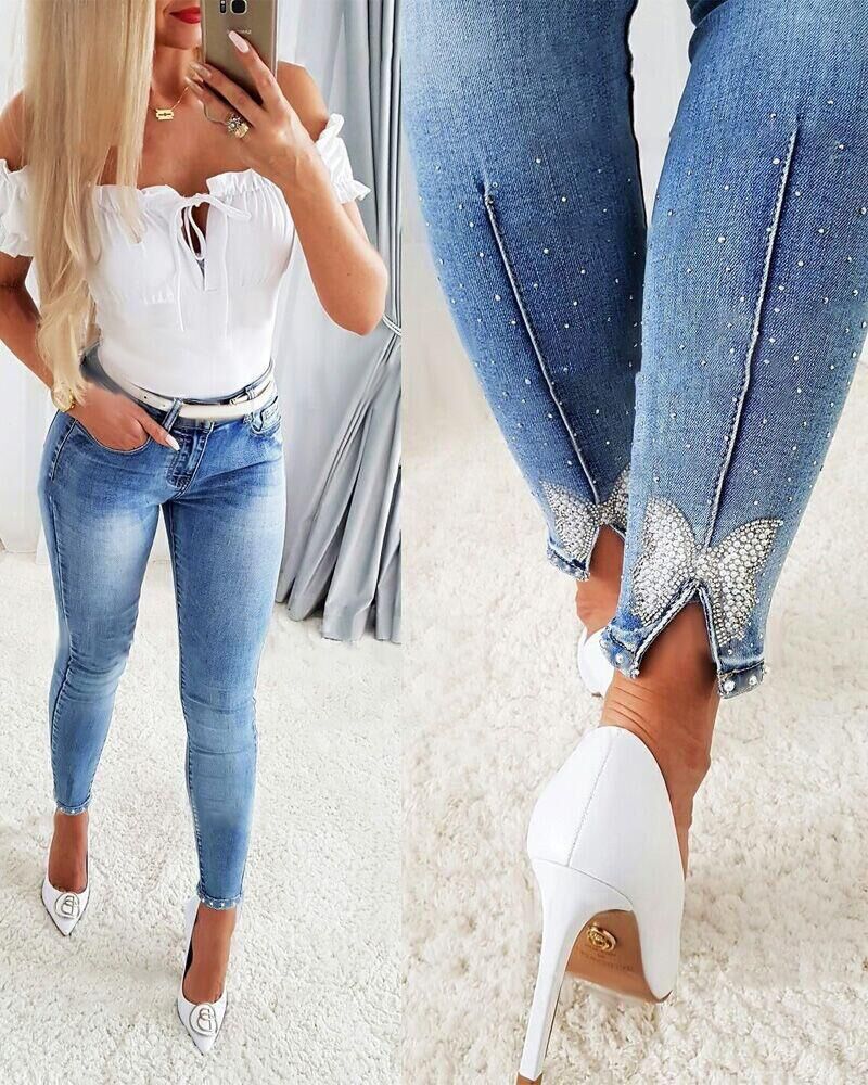 Women's Jeans European And American Trendy High Waist Beaded Skinny Tappered Pants