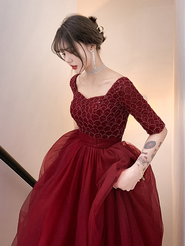 Wine Red Engagement Back Door Evening Dress Female Long Sleeve